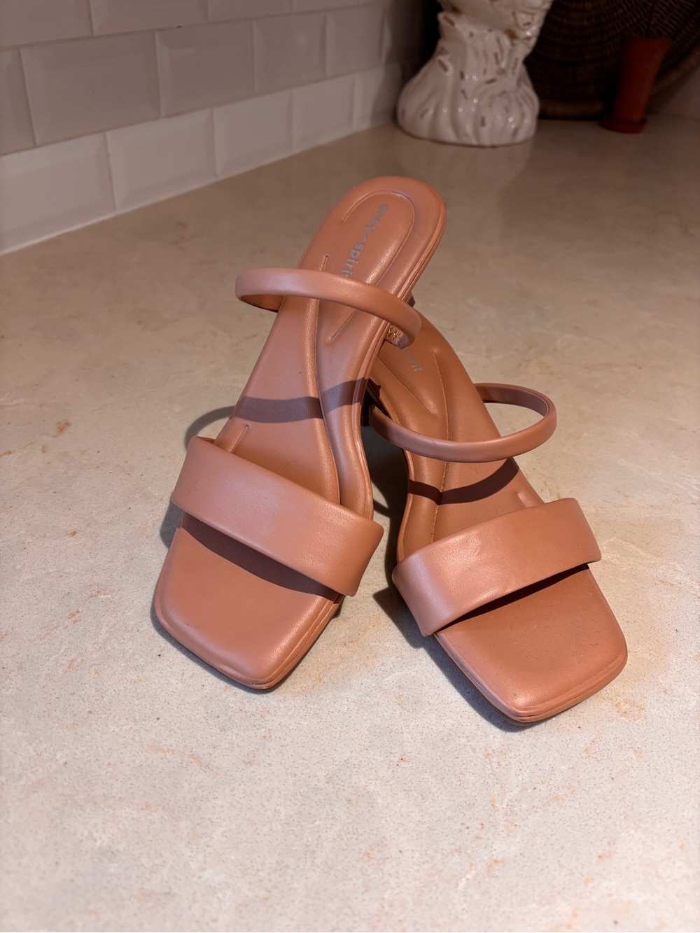 Easy Spirit Women’s Tan Double-Strap Square-Toe Slide Mules